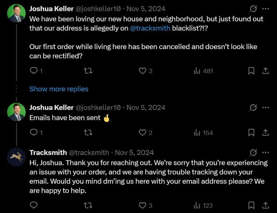 Tracksmith (running apparel) replies to customer concerns on X, using fast, friendly responses to enhance the post-purchase experience.