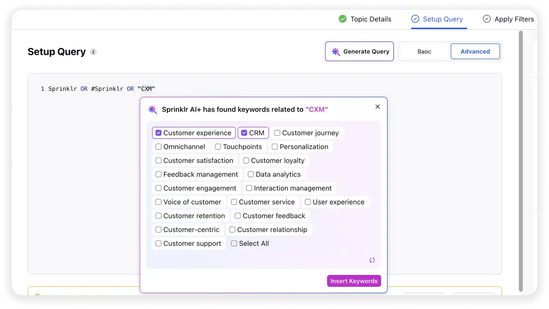 Sprinklr AI+ can find keywords for your niche for social listening 