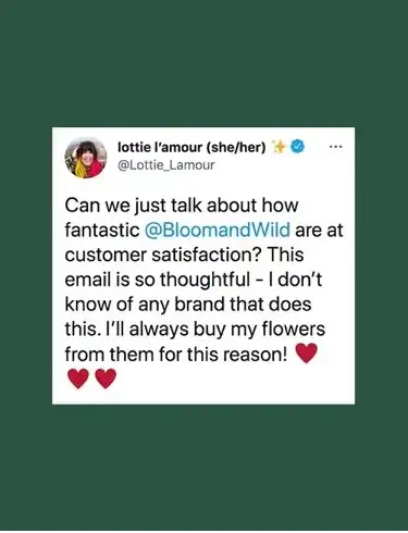 Social media post highlighting the impact of Bloom and Wild’s thoughtful marketing campaigns. 