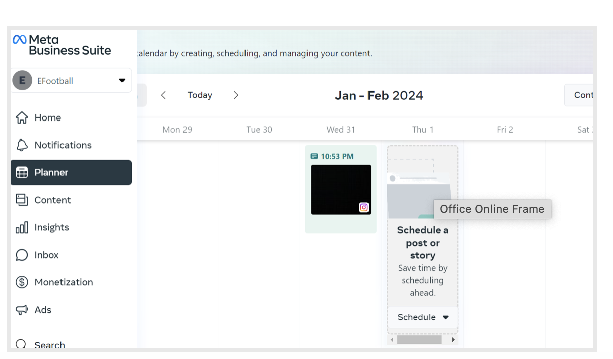 Meta Business Suite-s Planner page, where you can get a calendar view of all your scheduled posts