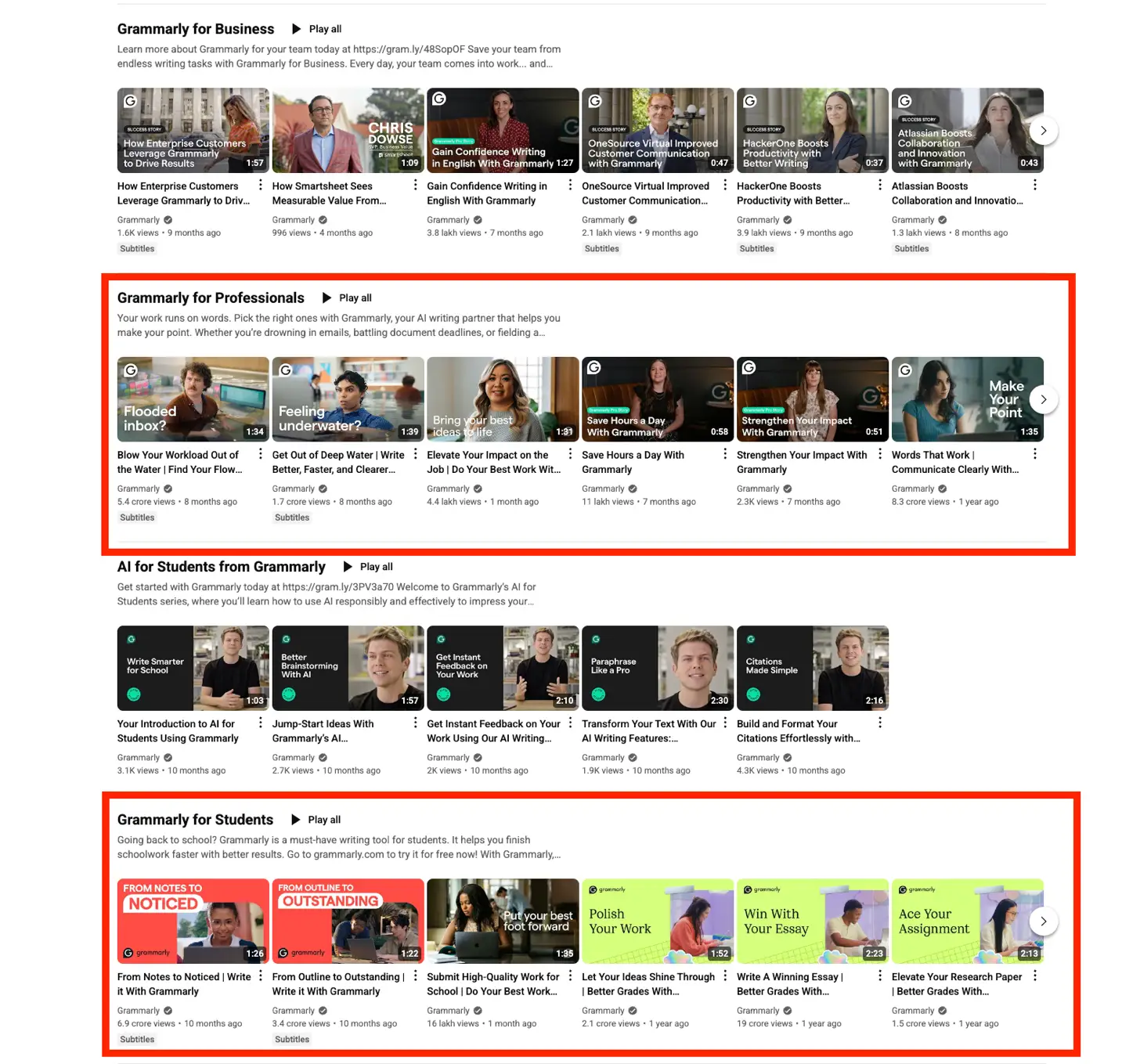 Grammarly’s YouTube handle neatly categorizes content based on topic and themes for easy discoverability