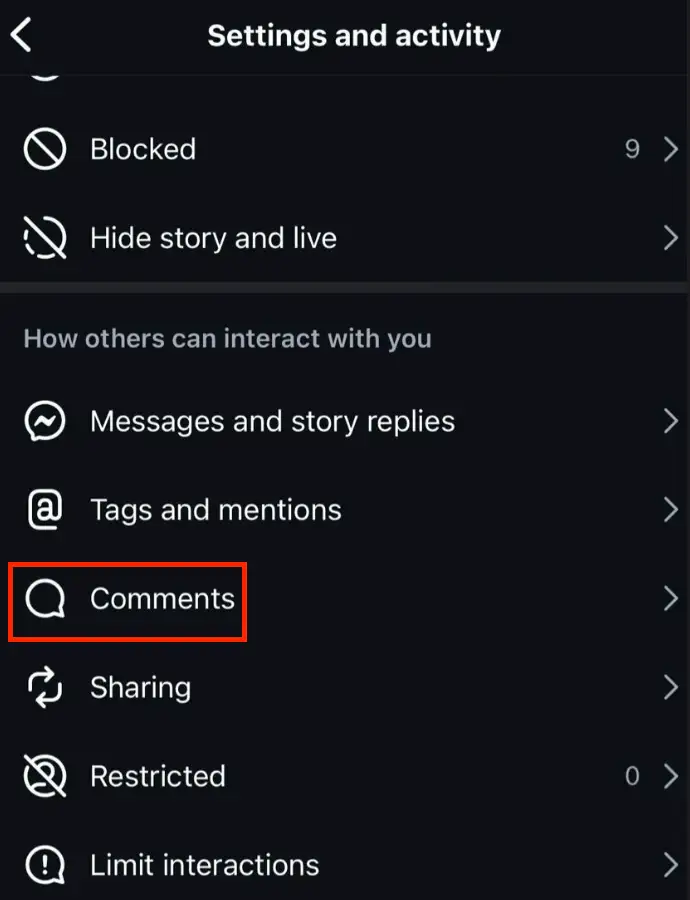 Comments option to hide comments on Instagram