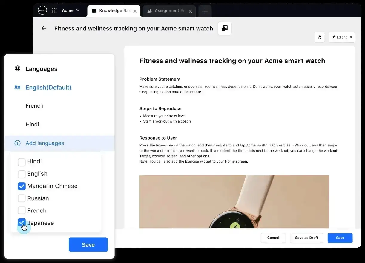 Sprinklr’s AI-powered knowledge base software can generate articles in multiple languages
