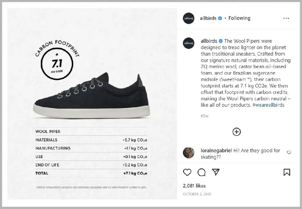 Flat‑lay image of Allbirds shoe from above showing carbon‑footprint tag printed on insole. 
