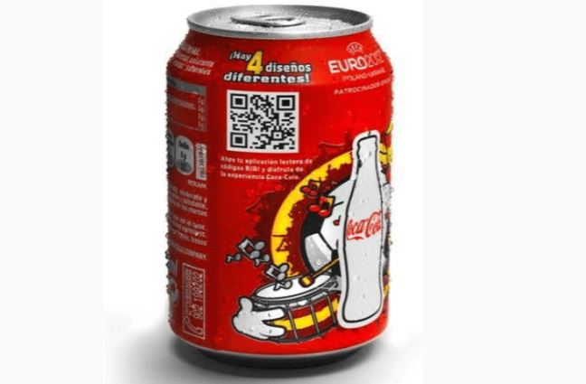 A can of Coca-Cola displaying a QR code in a visible place