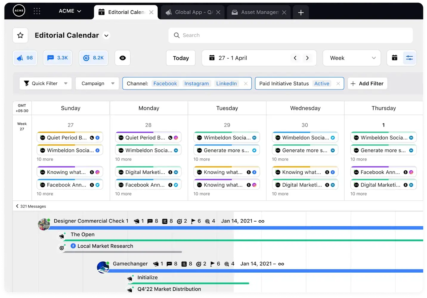 Sprinklr's unified editorial calendar showing rows of content scheduled for publishing.