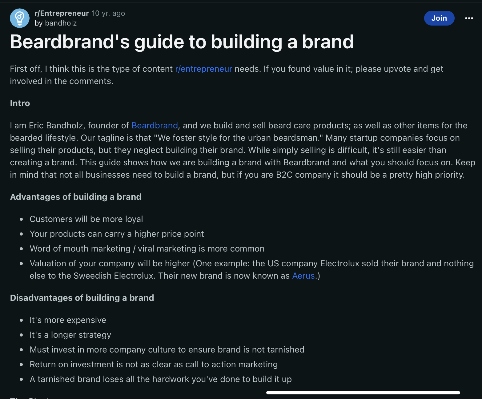 Beardbrand-s post on the r-entrepreneur subreddit