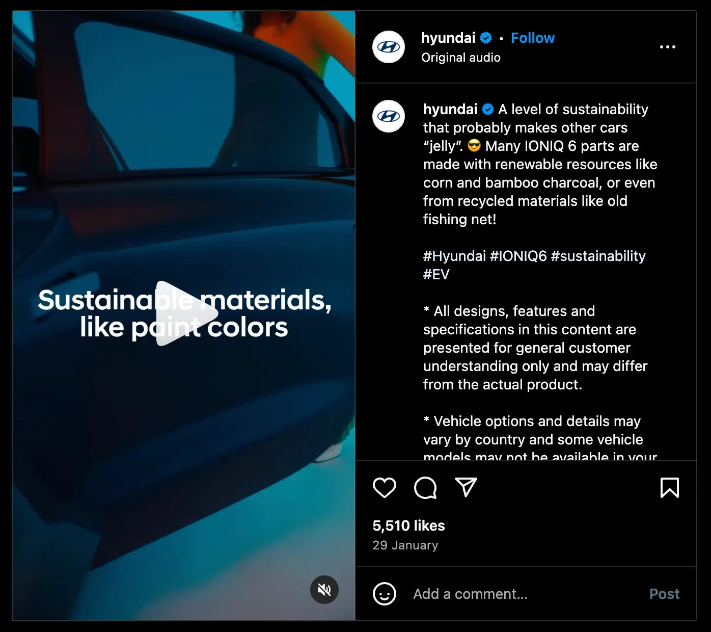 An Instagram post from Hyundai highlighting the use of sustainable materials in its IONIQ model 