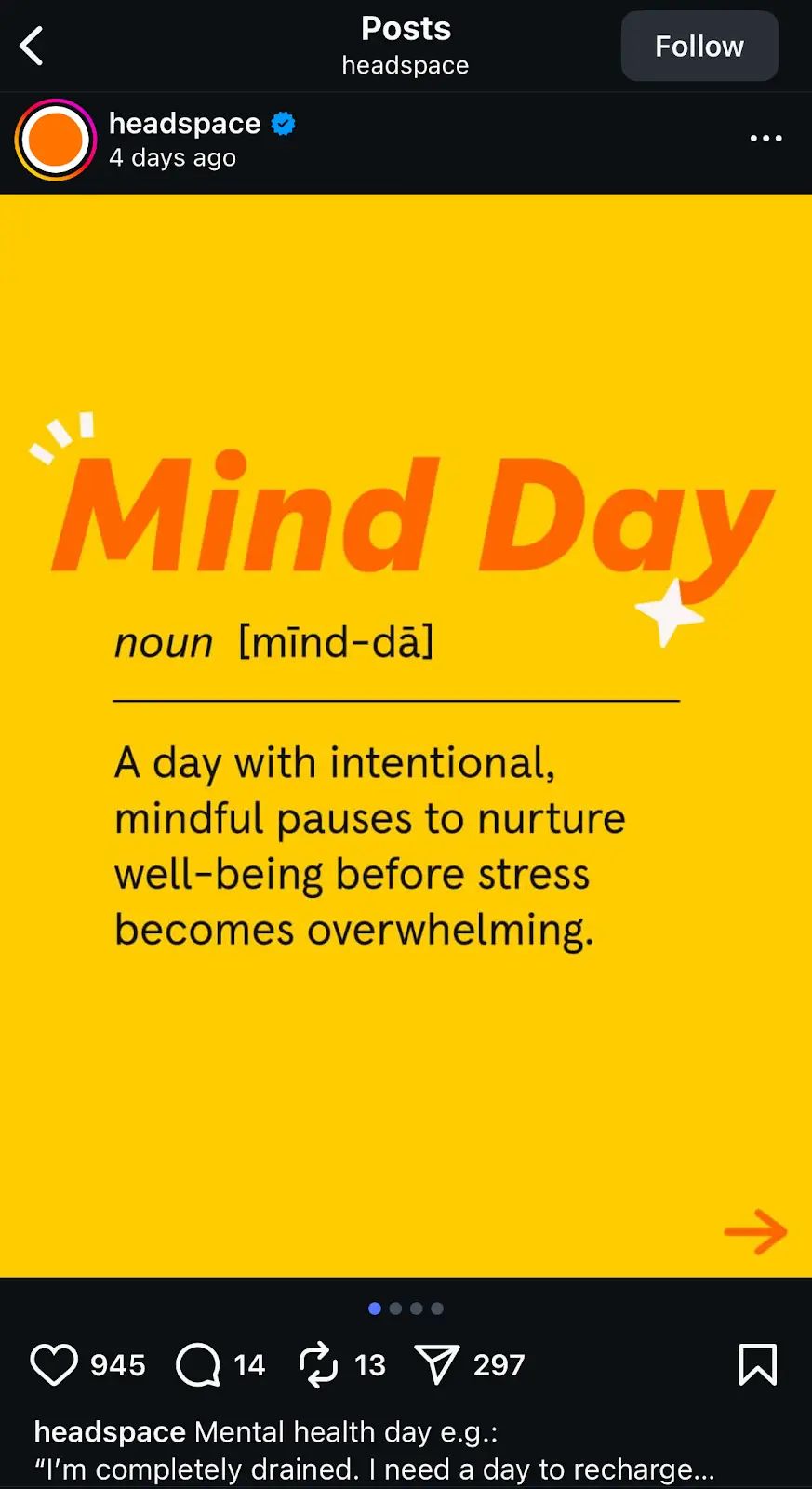 Screenshot of a Headspace social media post sharing a simple mindfulness tip to educate followers on stress relief and daily wellness.