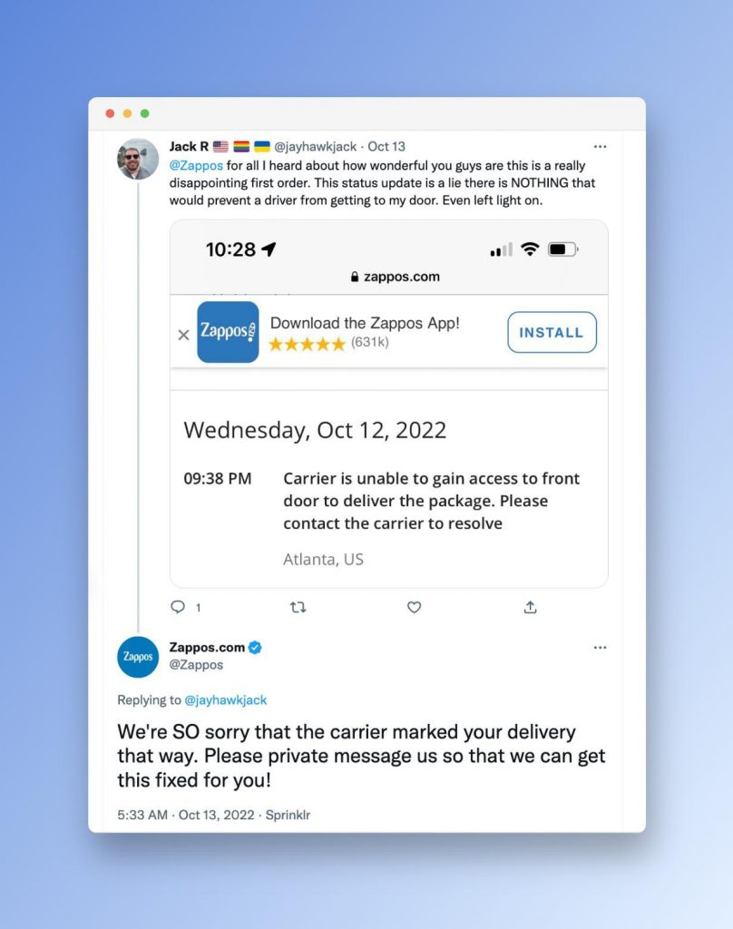 Zappos responding quickly to a customer concern on Twitter