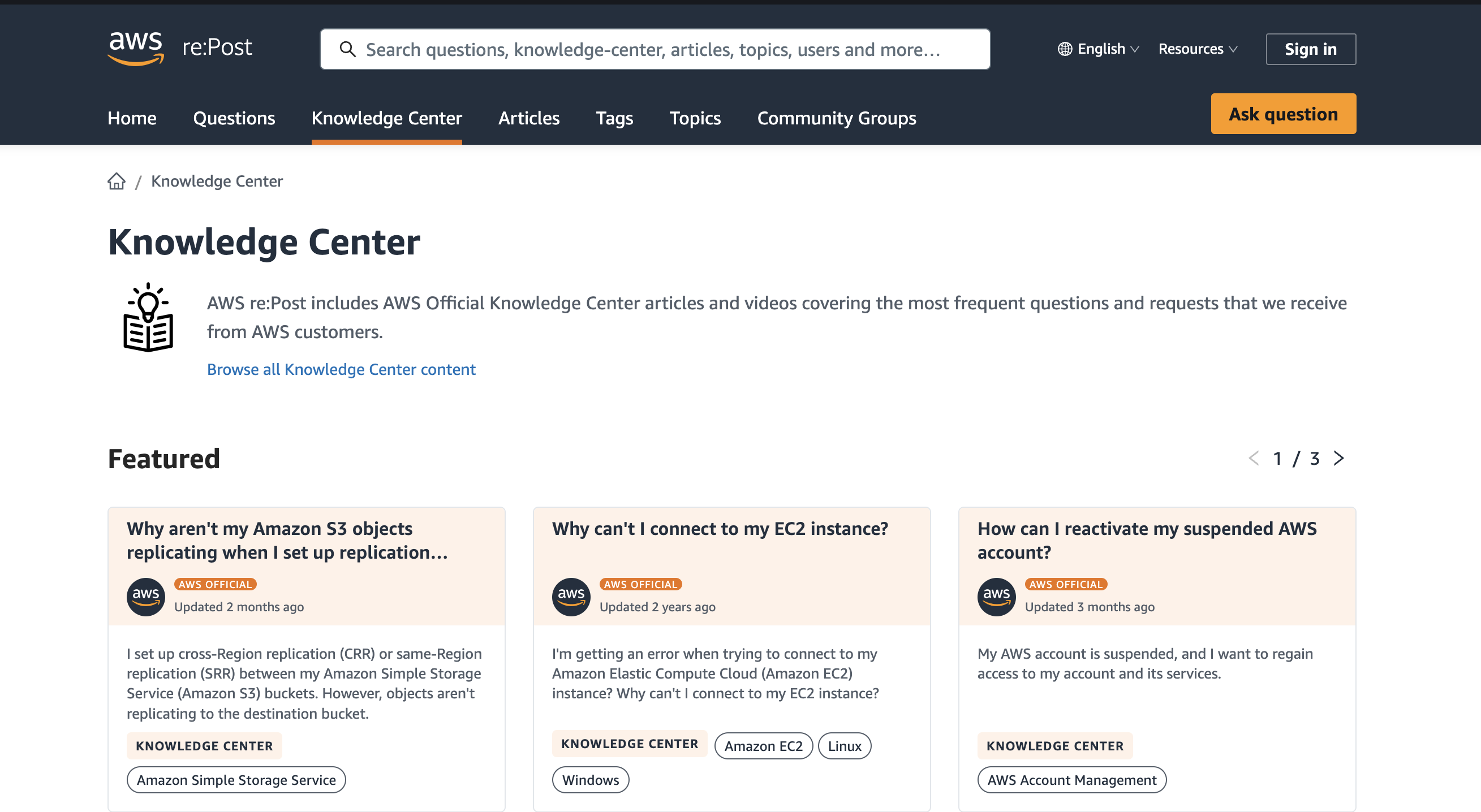 AWS knowledge center with common usability issues