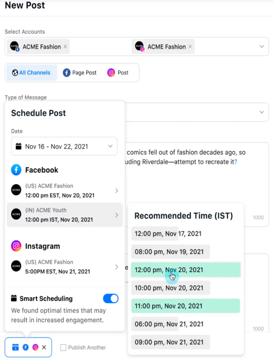 Sprinklr's Smart Scheduling feature within the Publisher to find optimal posting times.