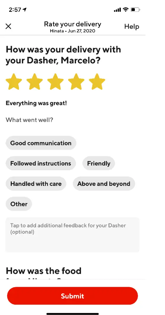 Doordash-s in-app survey to collect customer feedback on delivery service.