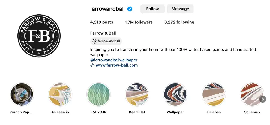 Instagram profile for Farrow and Ball