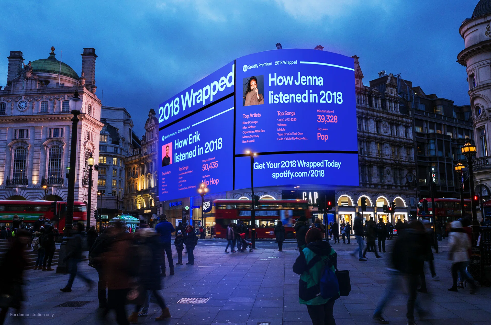 Spotify Wrapped ad featured on the advertising display of iconic Piccadilly Lights, London