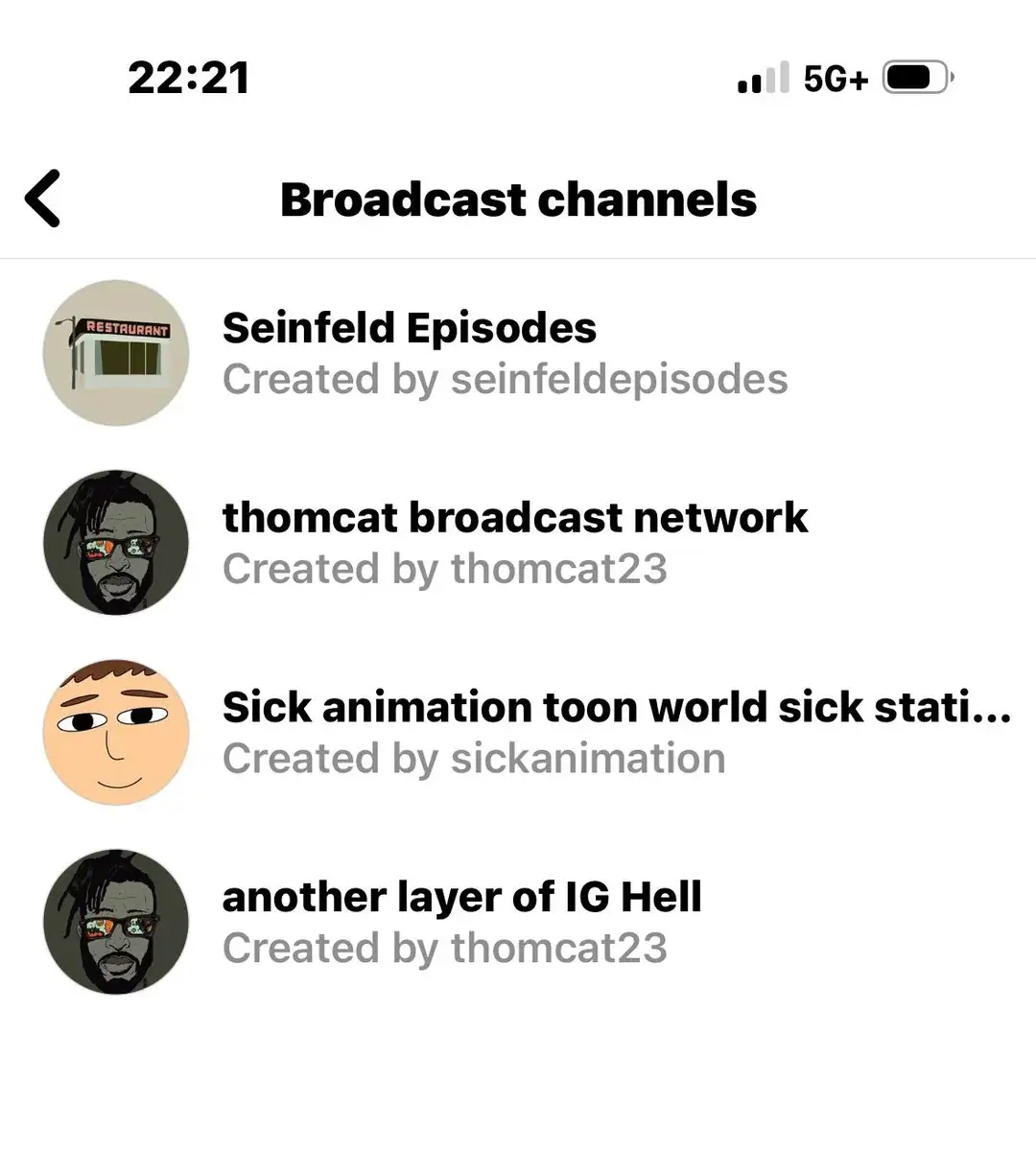 Various broadcast channels being displayed on Instagram.