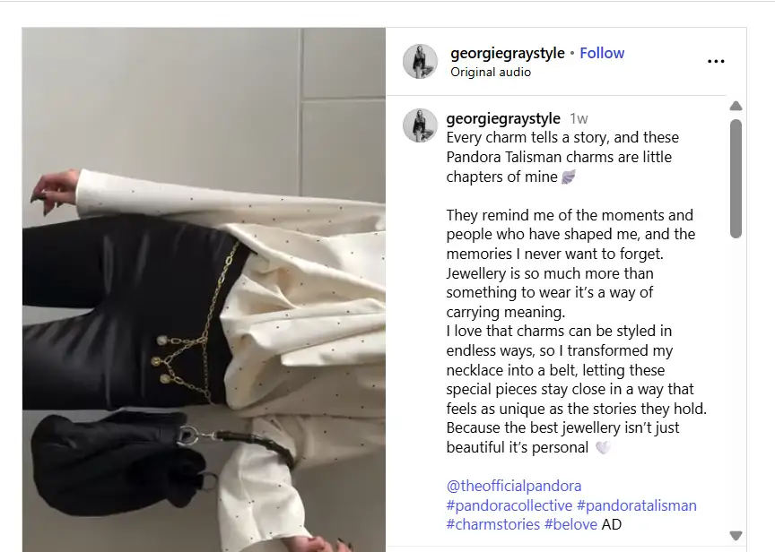 Pandora Charms micro-influencer showcasing limited-edition charm bracelets, sharing styling ideas to drive engagement and conversions.