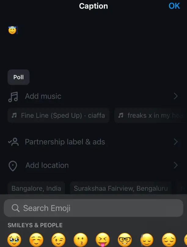 Adding emojis to captions on Instagram