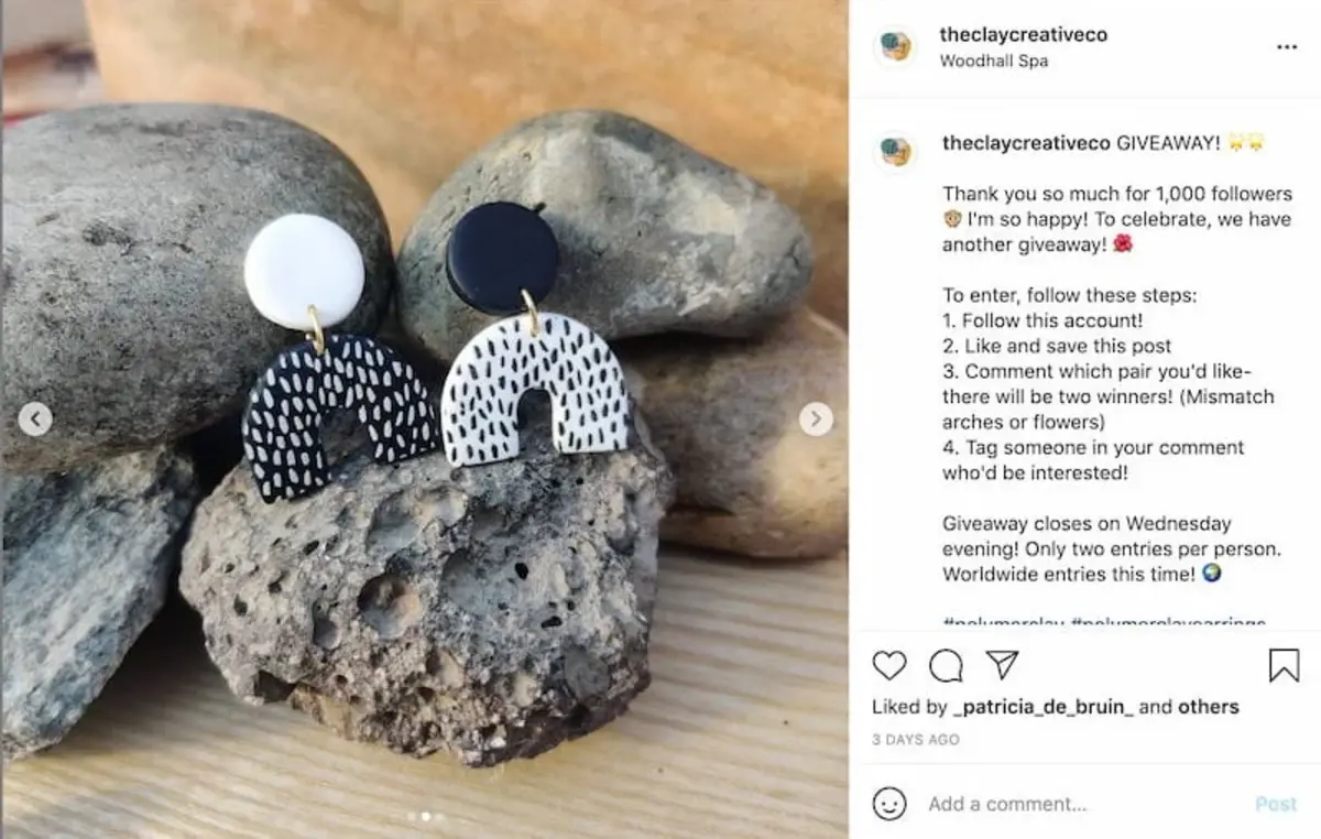 The Clay Creative Co. promotes a jewelry giveaway on Instagram to celebrate 1000 followers