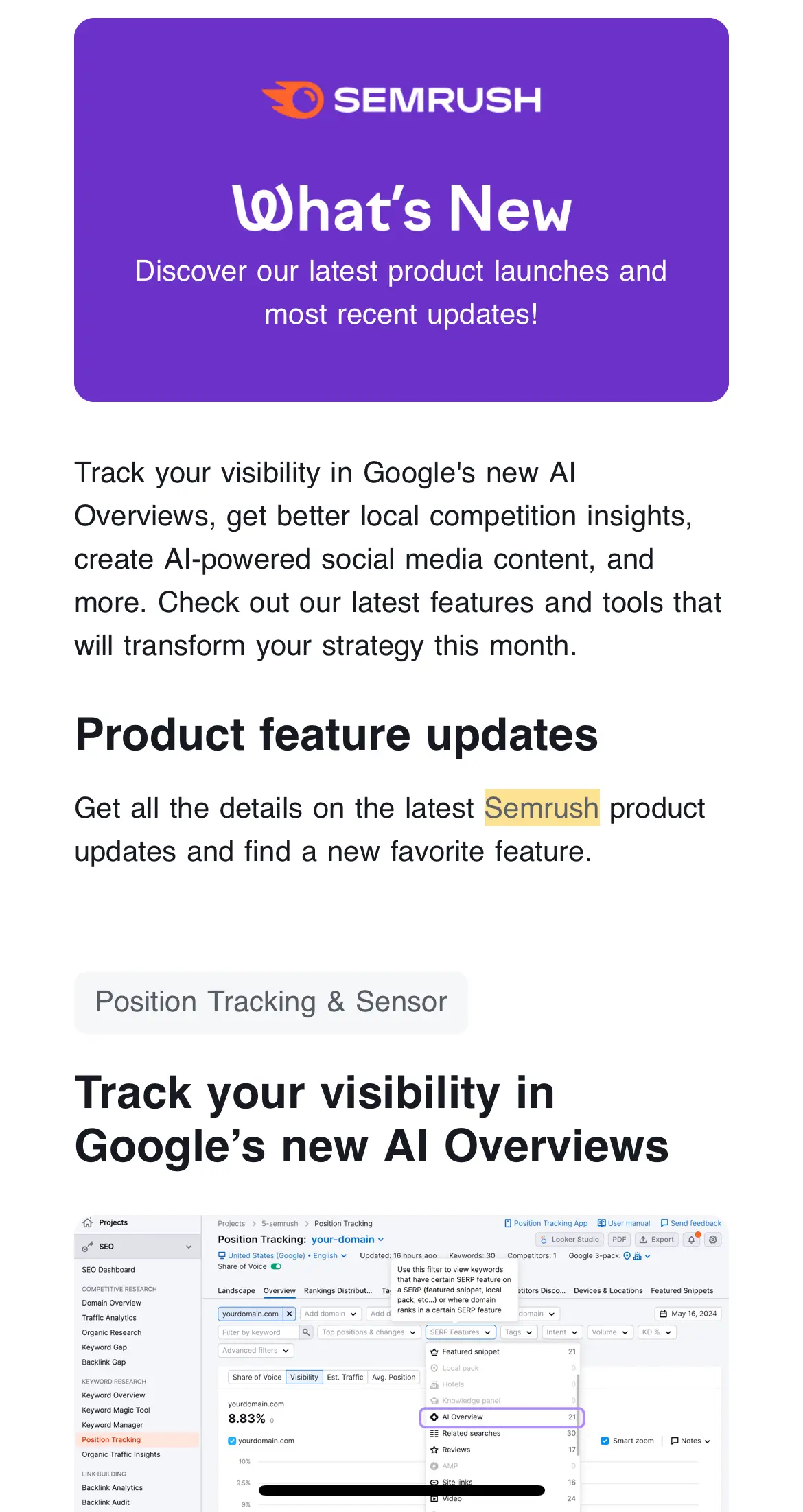 Feature update newsletter by Semrush