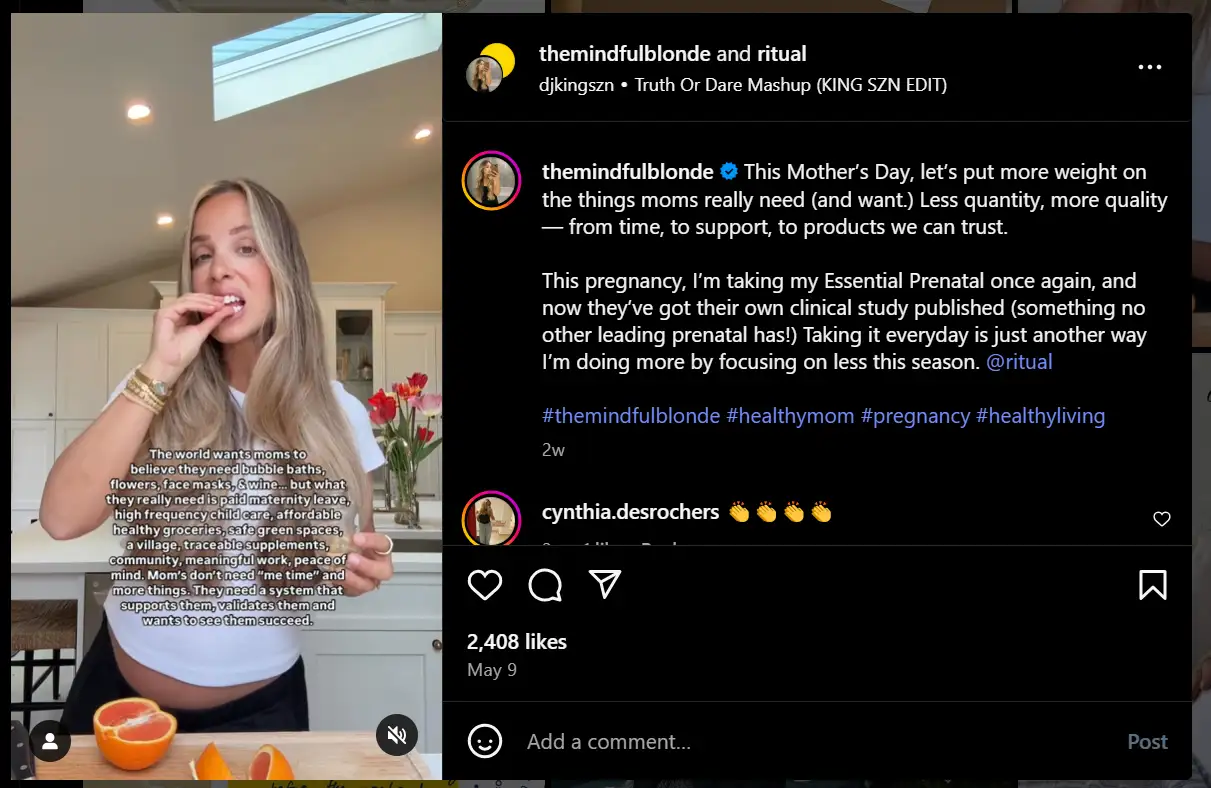  An Instagram post from @ritual on Mother’s Day with a micro influencer 