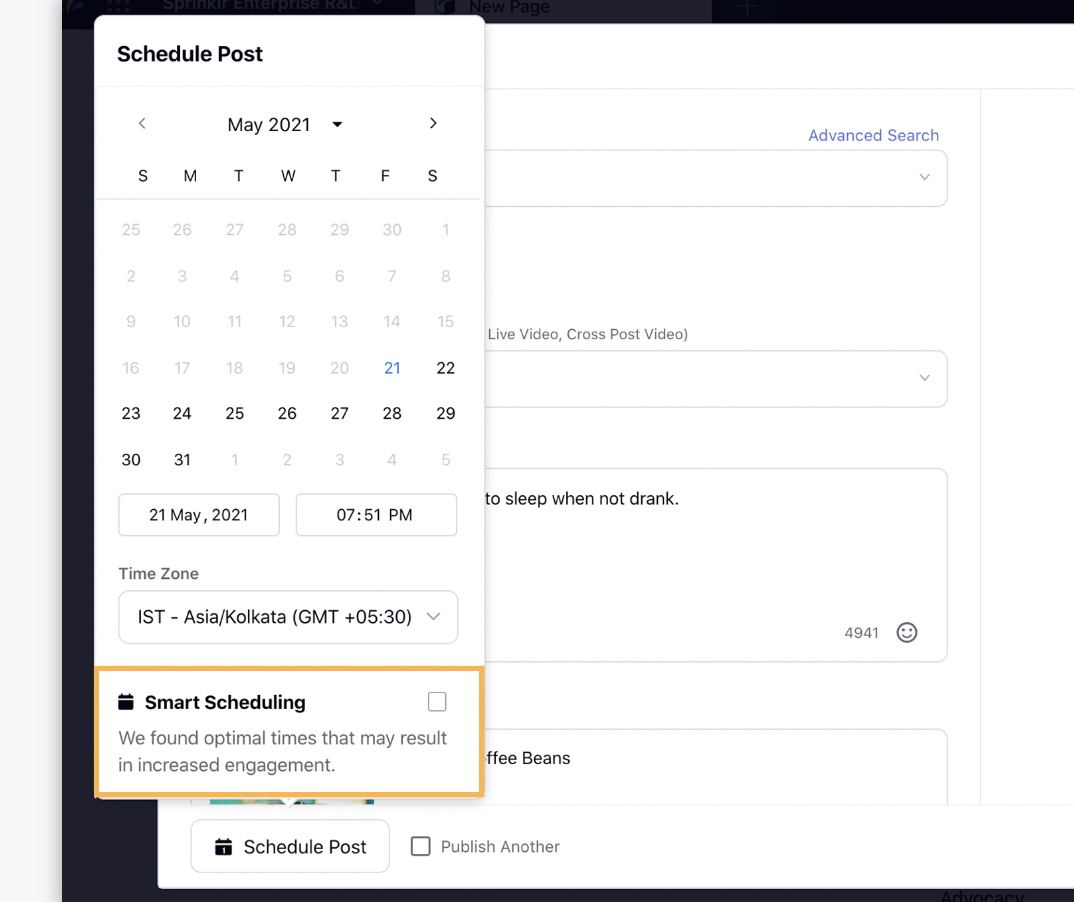 A schedule-post pop-up displaying the Smart Scheduling option on Sprinklr.