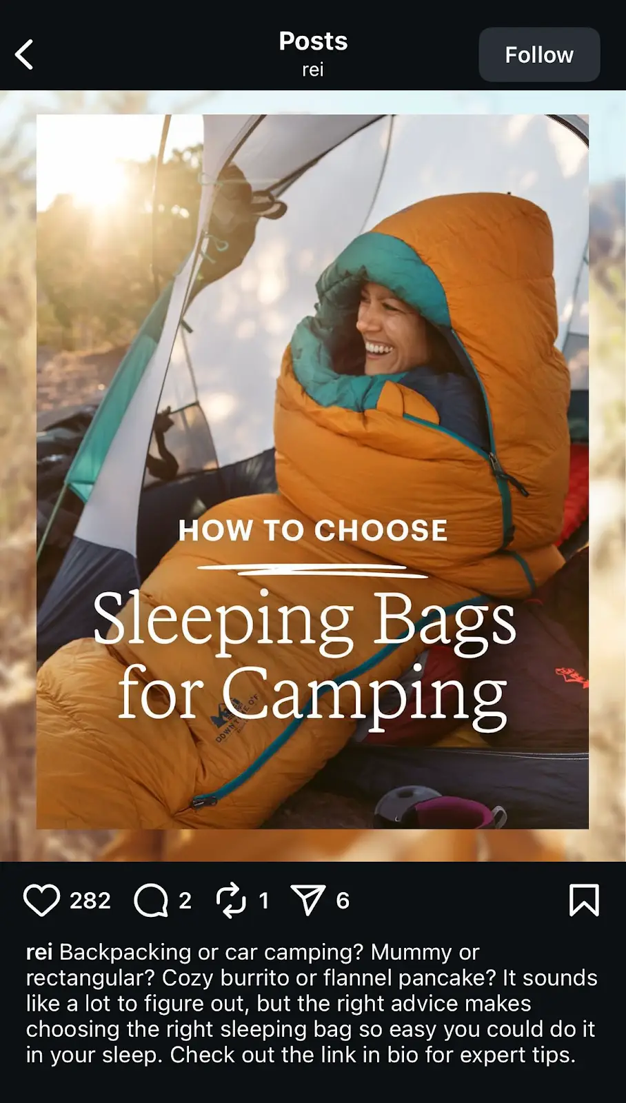 REI Instagram carousel sharing outdoor adventure tips with visuals of hiking gear and interactive “how-to” content. 
