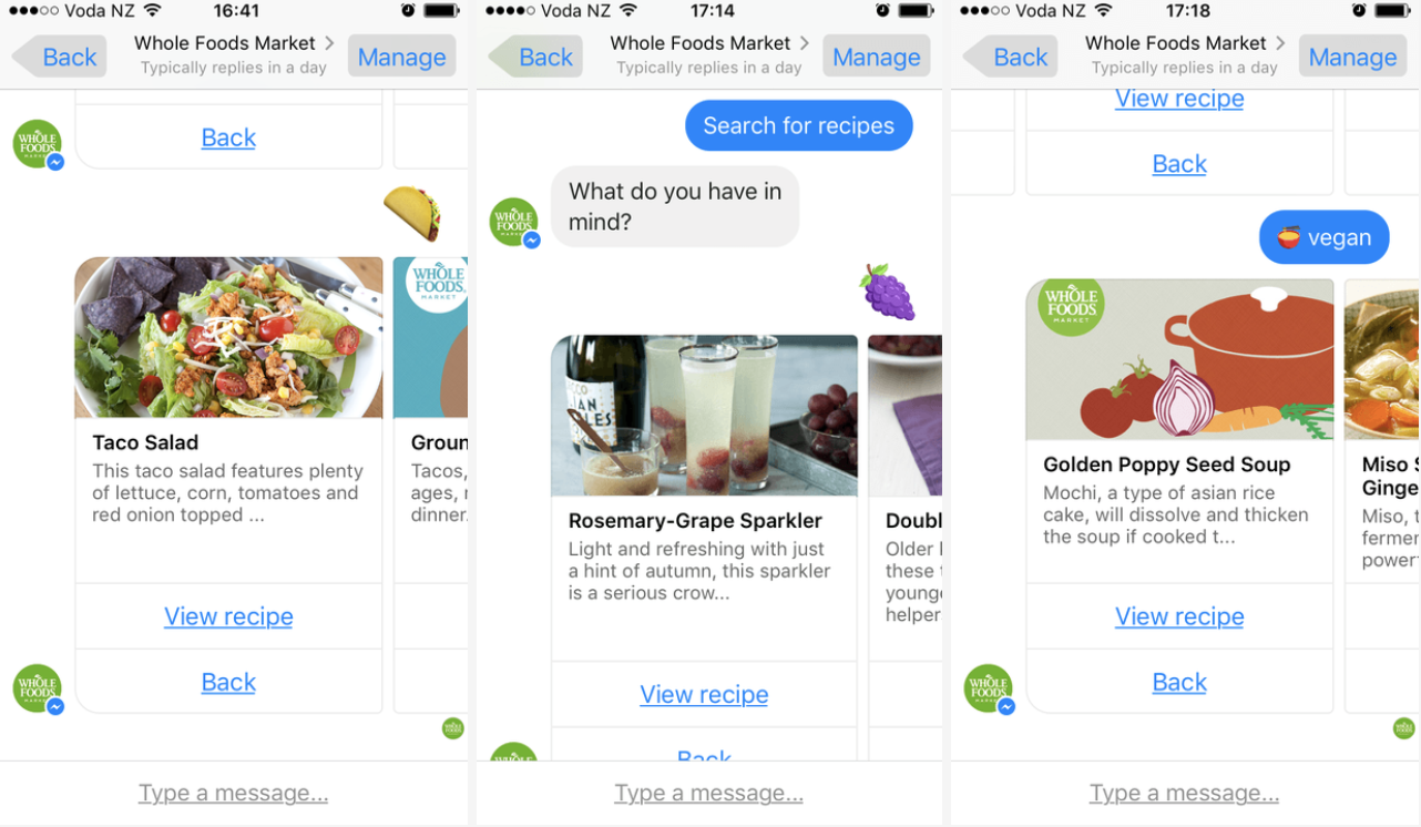 Various recipes on Whole Foods' Facebook Messenger chatbot interface.