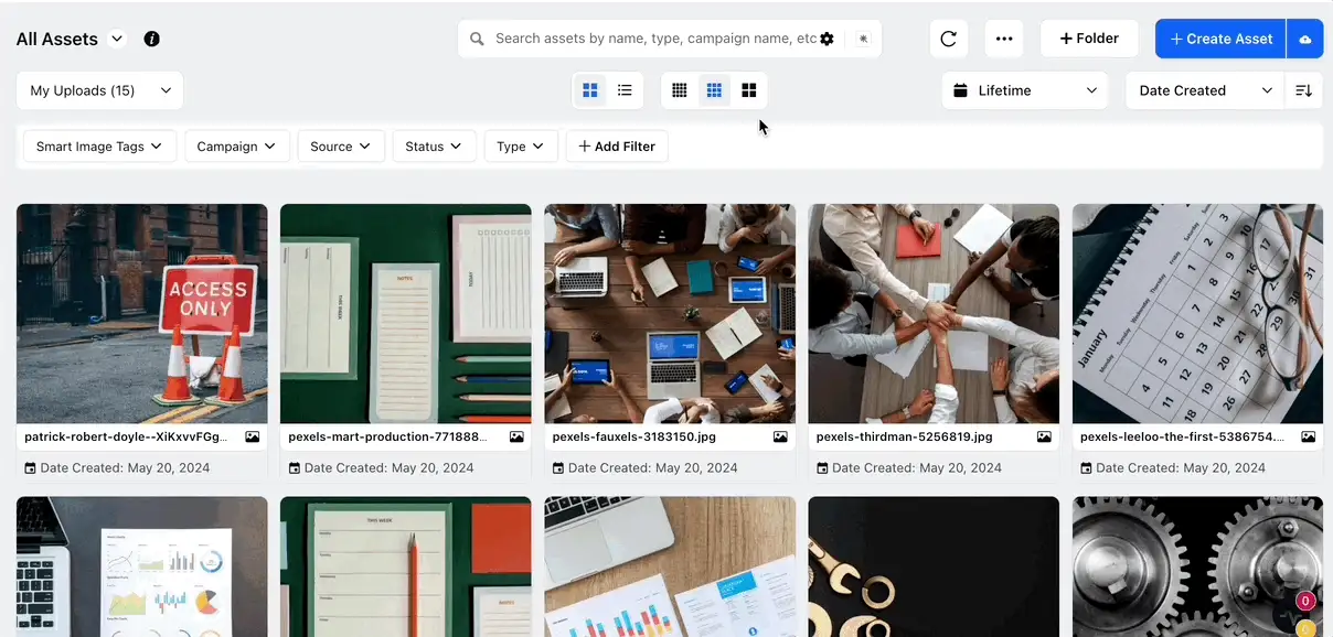 Sprinklr DAM dashboard showcasing asset search functionality 