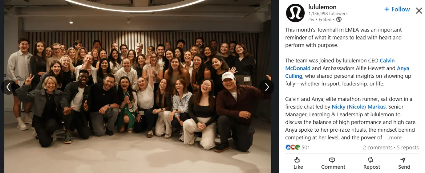 Lulumelon uses LinkedIn for cultural storytelling with employee stories.