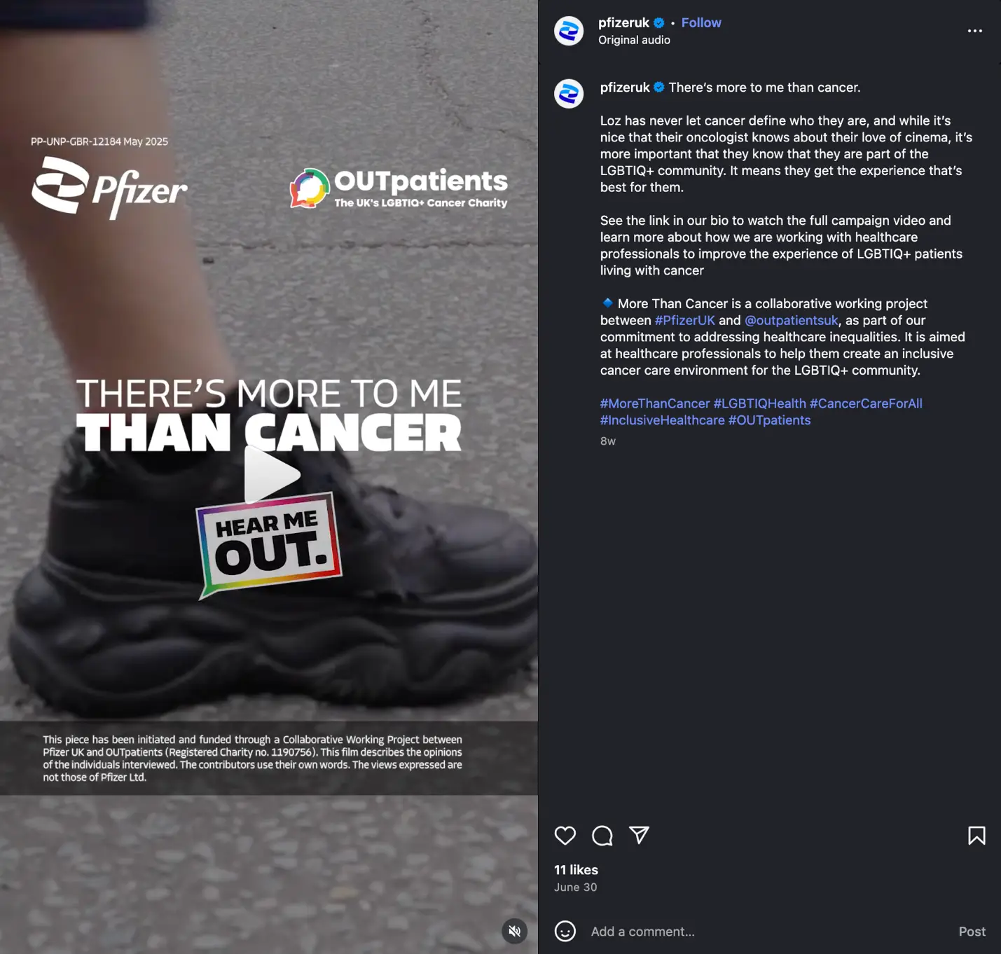 Screenshot of an Instagram post from Pfizer’s official handle showcasing the usage of hashtags.  