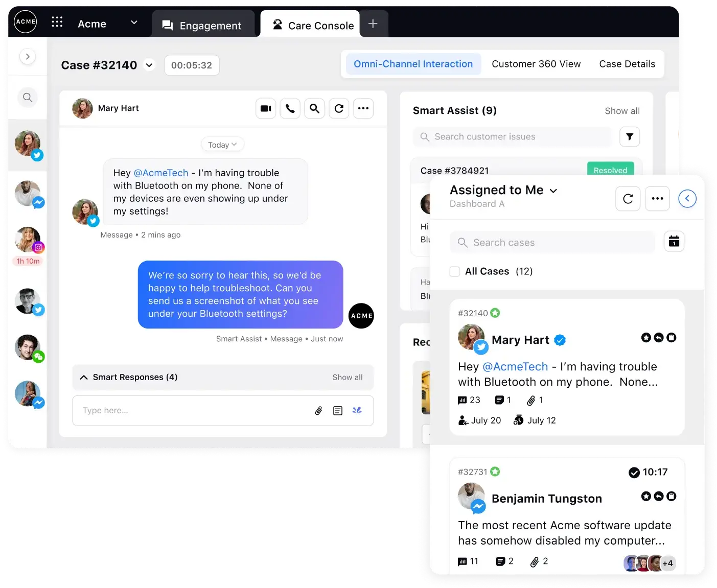 Sprinklr Service's omnichannel agent dashboard displays messages from various channels