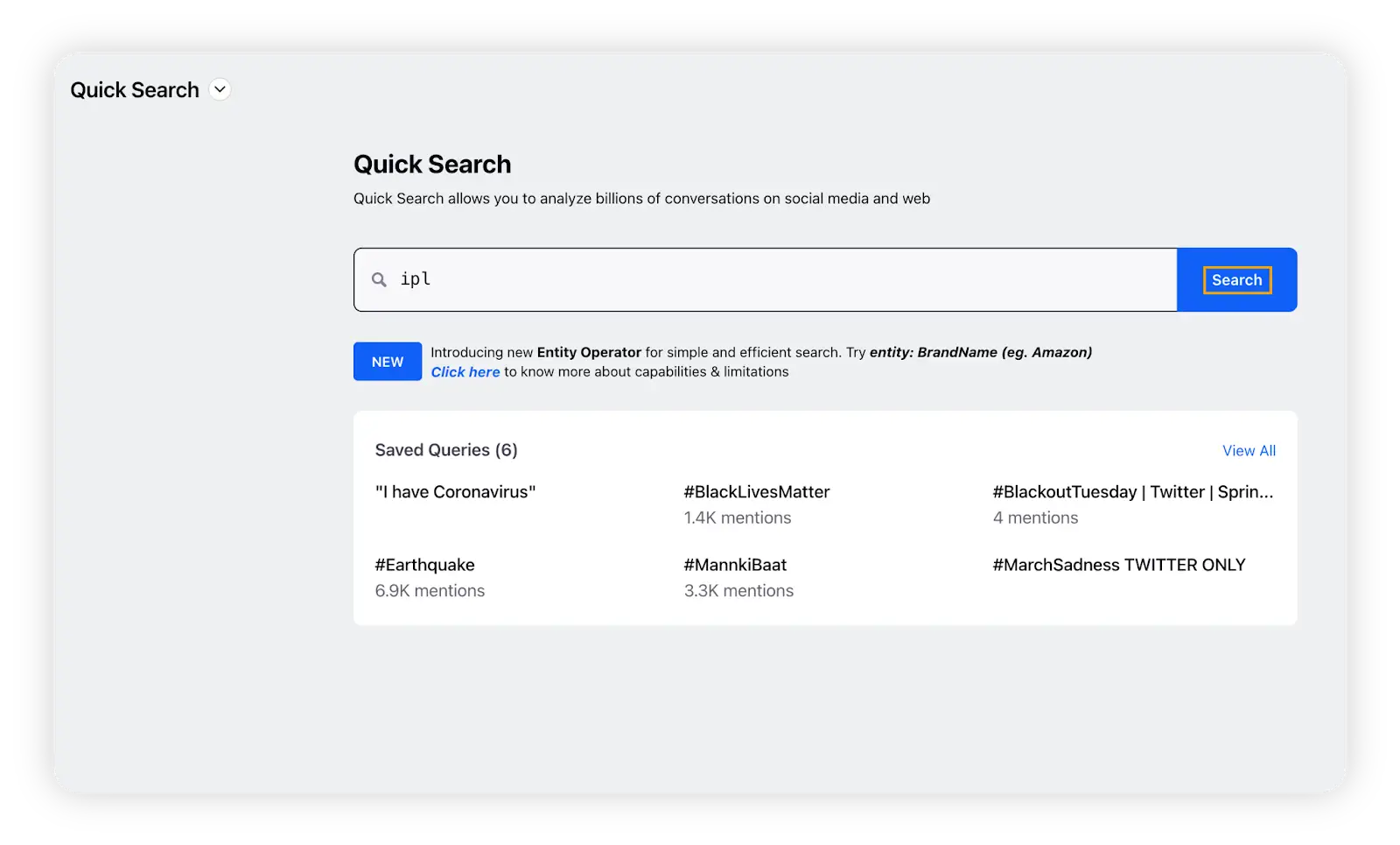Boolean search on Sprinklr Insights Social Listening dashboard