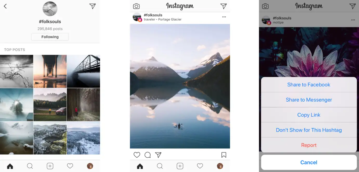 Process of following Instagram hashtags and how they appear on your feed. 