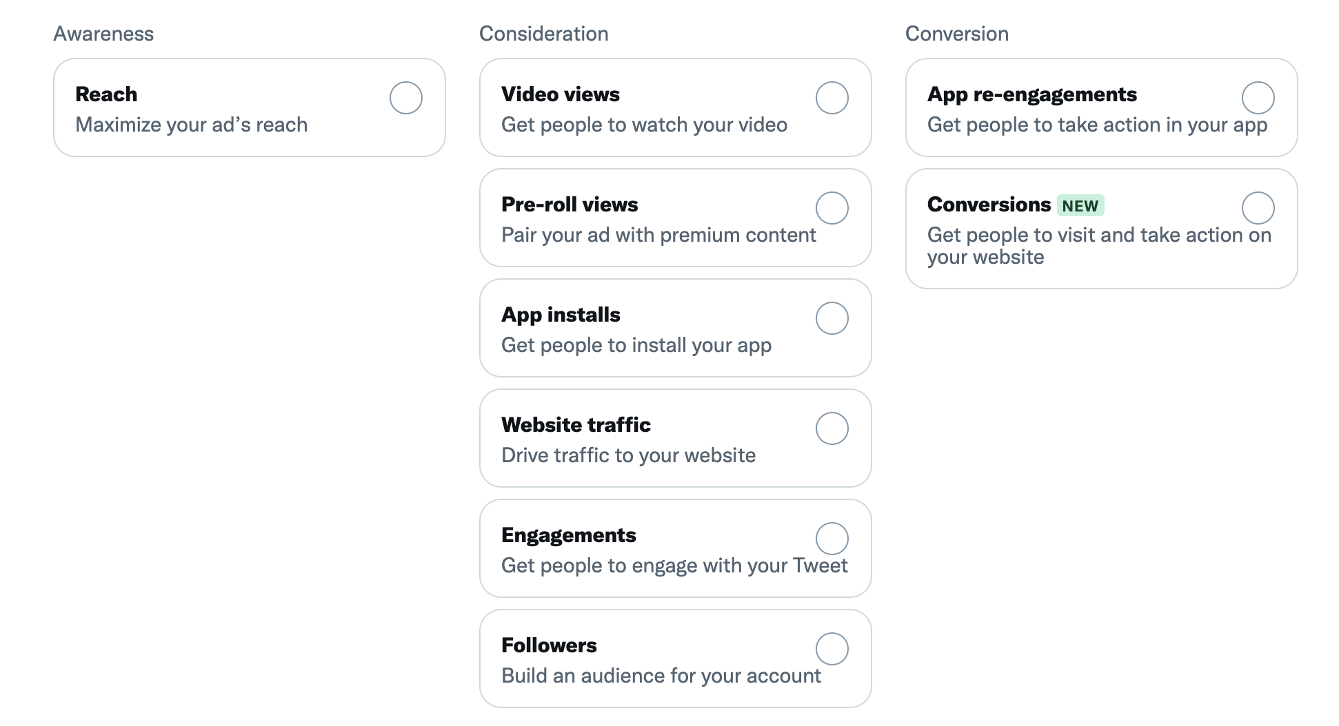A screenshot of the Twitter ad interface's campaign objective page that shows multiple options under three broader categories: Awareness, Consideration and Conversion.