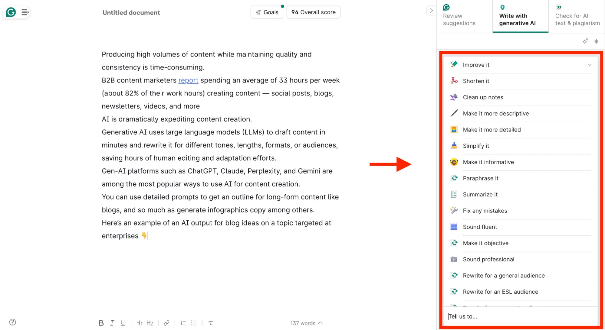 Title: Inserting image... - Description: Grammarly dashboard showing specialized content services 