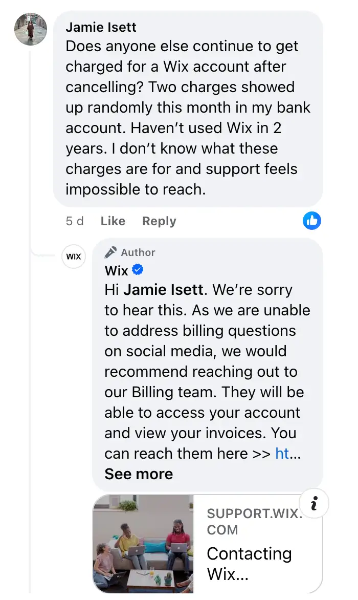 A customer's conversation with Wix regarding a billing-related enquiry on Facebook.
