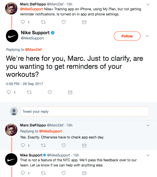 Nike Support responding to a customer who needs help with the Nike+ Training app