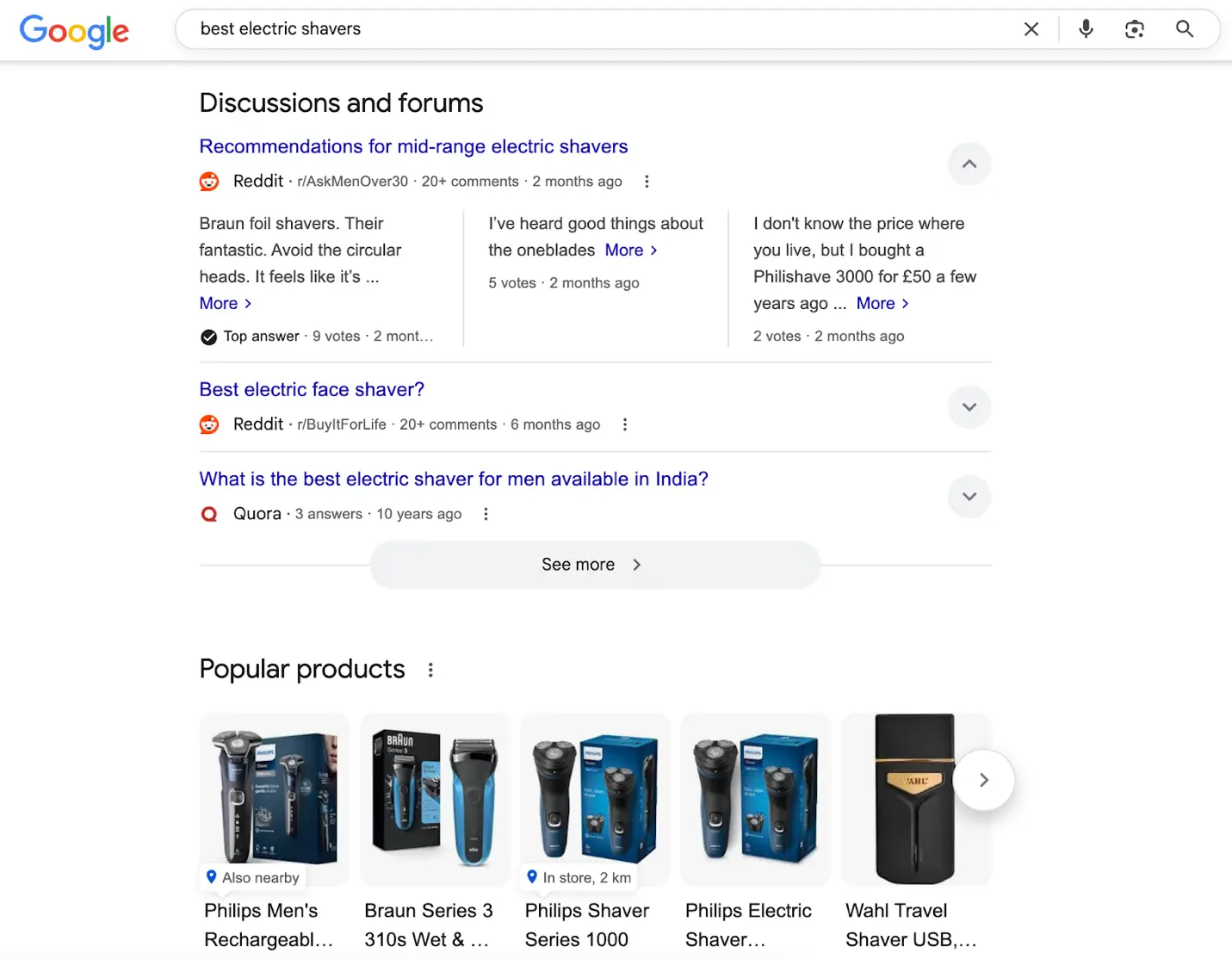 A Google search showing Reddit and other forums in the results page