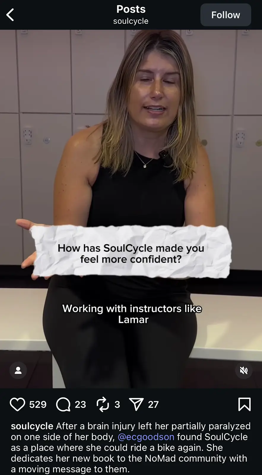 Motivational Instagram post from SoulCycle highlighting a wellness lifestyle. 