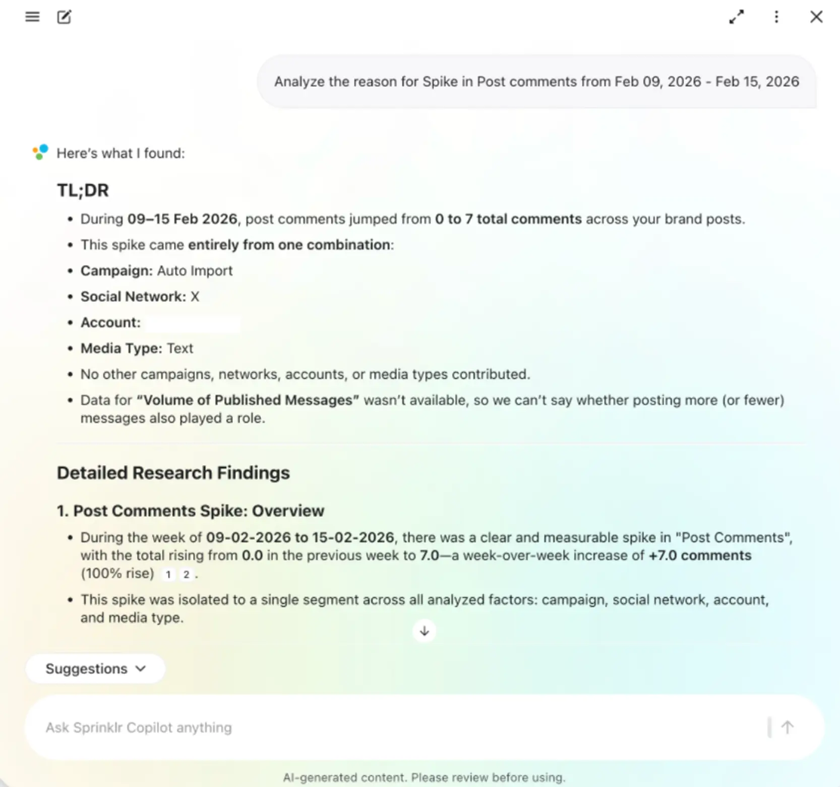 Sprinklr Copilot's monitoring capabilities.