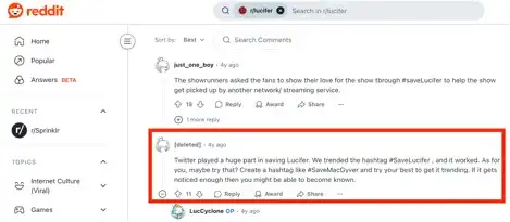 Reddit thread shwoing Lucifer fans discussing how to influence revival of the show