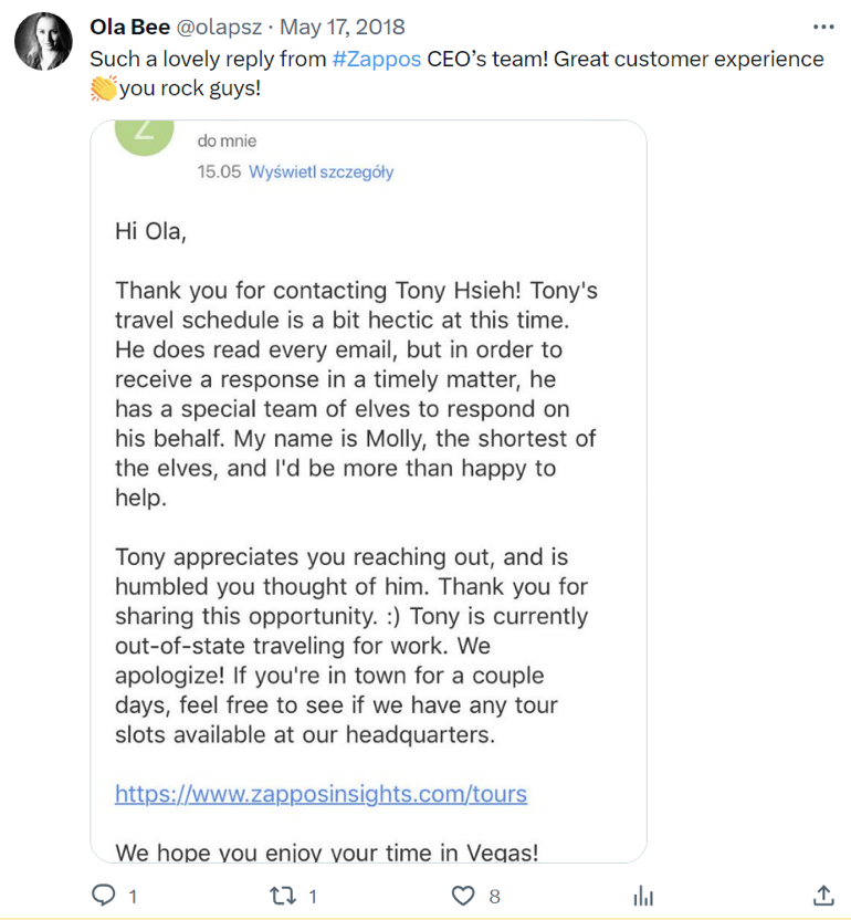 A customer praising Zappos for sending personalized emails