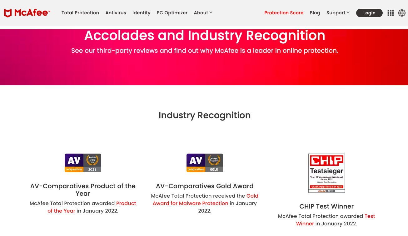 McAfee showcasing its badges and awards to drive through social proof