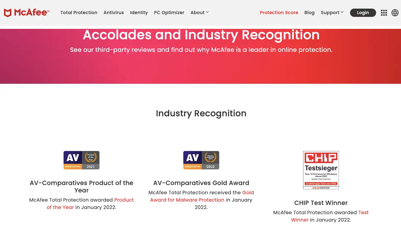 McAfee showcasing its badges and awards to drive through social proof