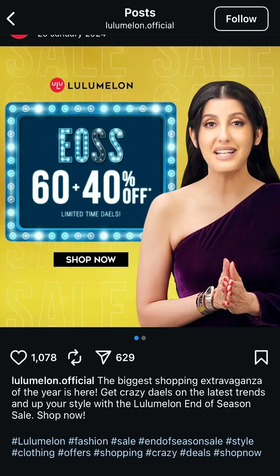 Screenshot of an Instagram post featuring Lulumelon’s branded, generic and niche hashtags 