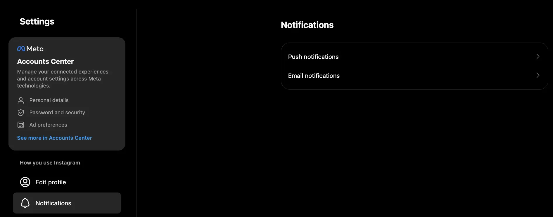 Instagram Notifications Settings space