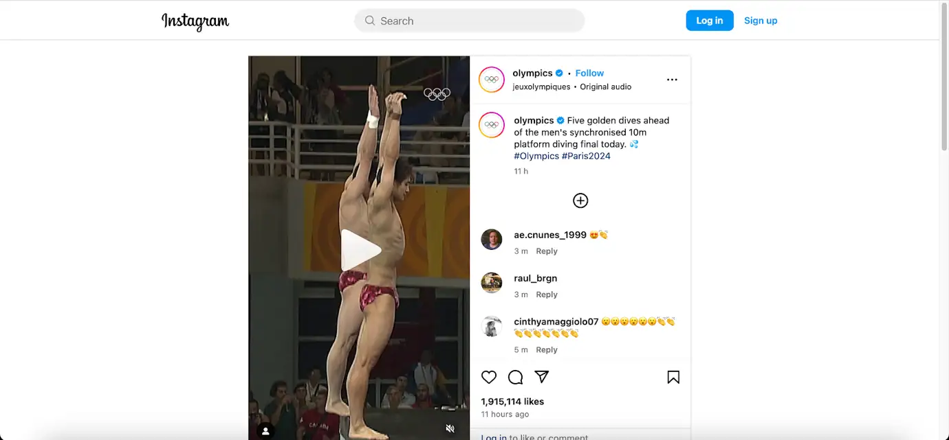 Instagram post of divers competing in synchronized 10m platform diving event in the Olympics.