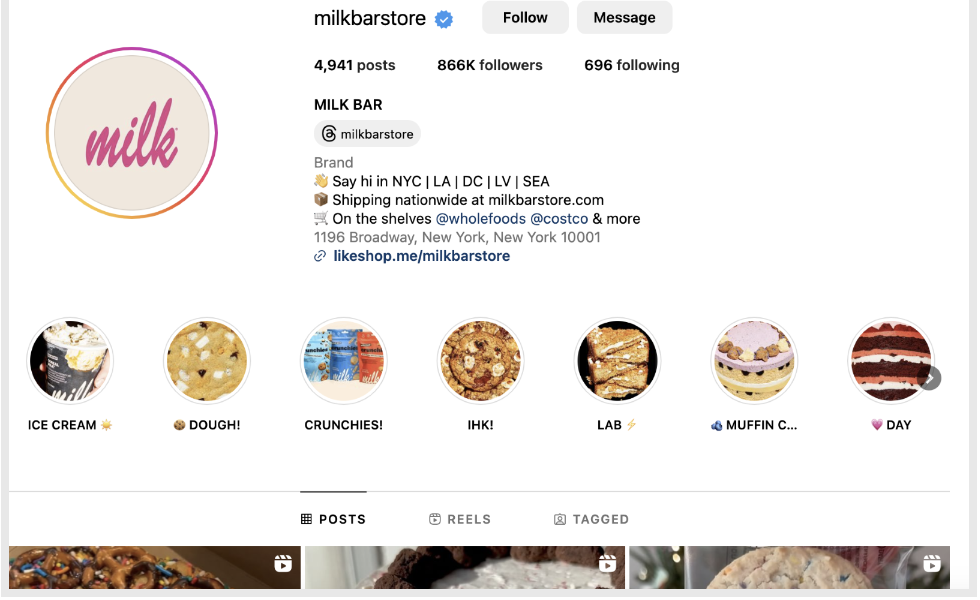  New York's famous bakery Milk Bar's Instagram account with 866K followers