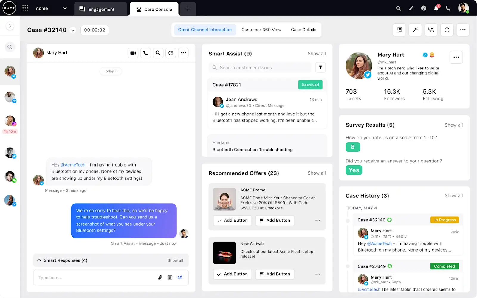 Screenshot of Sprinklr Unified Agent Desktop Software showcasing real-time customer conversations. 